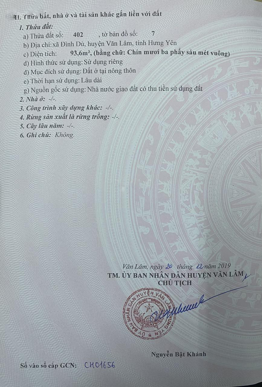 Bán đất 93,6 m2 khu đấu giá thôn Ngải Dương, Xã Đình Dù, Văn Lâm, Hưng Yên