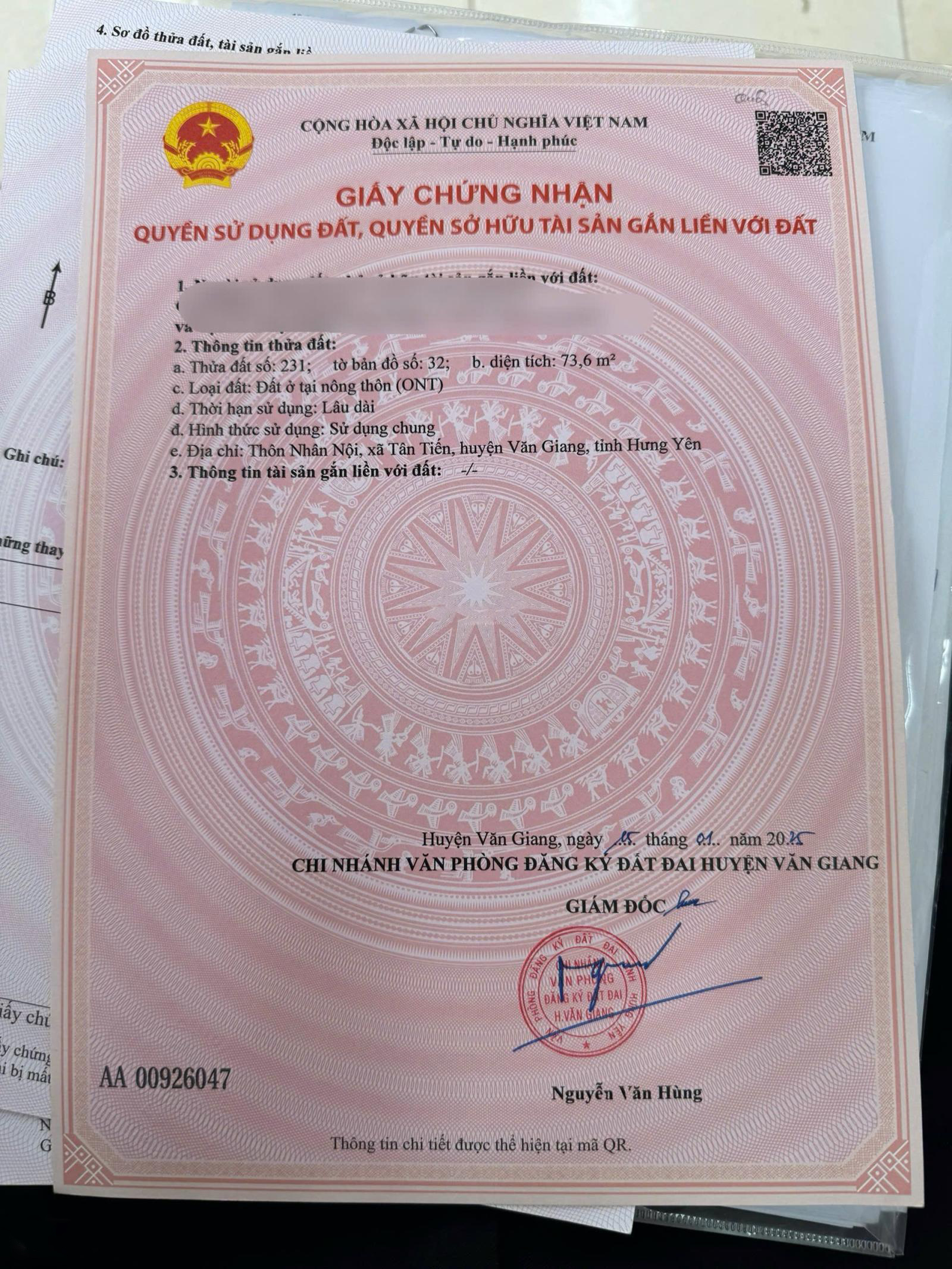 Cần bán lô góc 73,6m2 đất Nhân Nội, Tân Tiến, Văn Giang, đường 4m oto vào tận đất